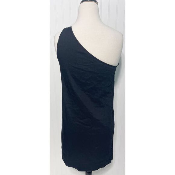 Theory Melly Linen Blend One‎ Shoulder Ruched Cocktail Mini Dress Black Size 4 - Picture 4 of 13